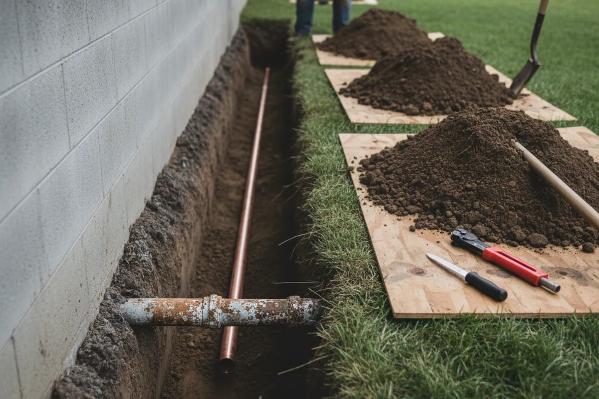 Excavated water line trench during Water Softener Installation in Dyer